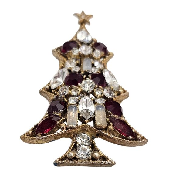 Regency Gold Tone Red Clear Rhinestone Christmas Tree Brooch Signed, J5 - Picture 5 of 11